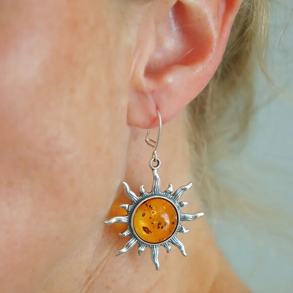 Baltic Amber Large Sun Earrings in 925 Sterling Silver - Picture 1 of 5